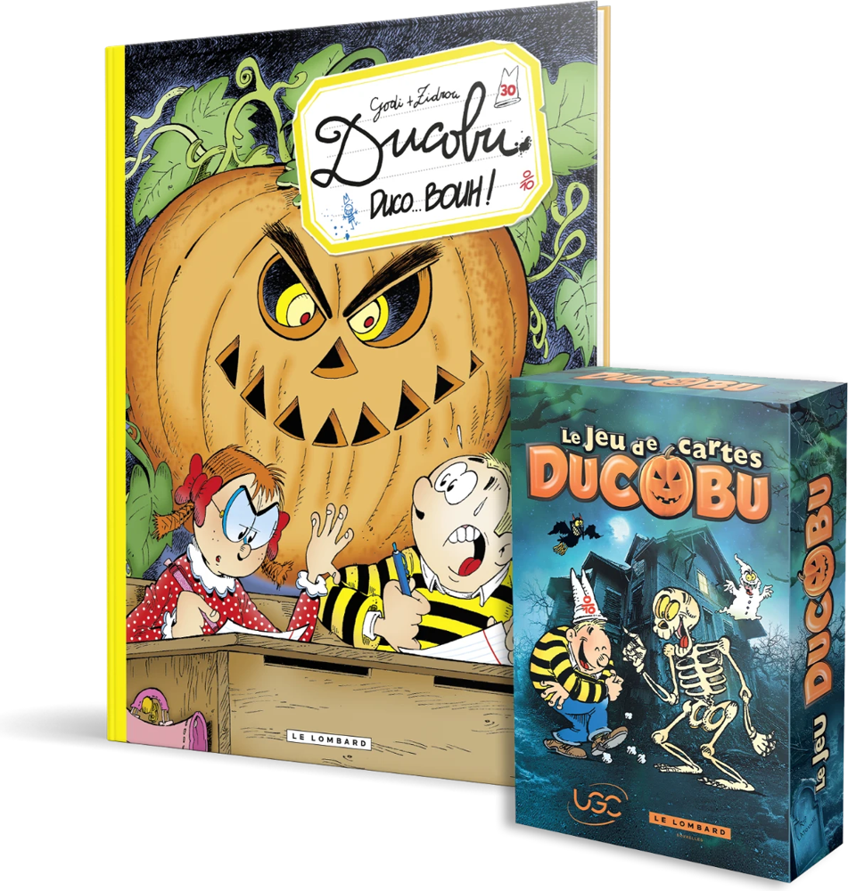 Le tome 30 de Ducobu, Duco… Bouh !, et la boîte du jeu de cartes Ducobu